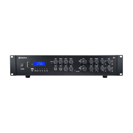 Adastra A4 dual zone stereo PA amplifier, black rack-mount casing with LCD display, USB and SD card slots, and multiple input, EQ, and channel control knobs.