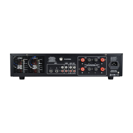 Rear panel of Adastra A4 PA amplifier in black casing, showing FM antenna, Line1/Line2 RCA inputs, line out, four speaker terminals, and mains inlet.