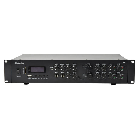 Front view of an Adastra A4 Dual Stereo Amplifier 4 x 200W with a digital display and power button. It features multiple control knobs for volume, bass, treble, and channel inputs, along with ports for auxiliary, media player, and microphone connections. This PA amplifier includes a Bluetooth receiver.