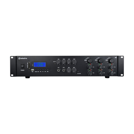 Adastra A6 multi-zone stereo amplifier in black rack-mount chassis with LCD display, USB and SD slots, zone rotary controls, mic inputs and channel knobs.
