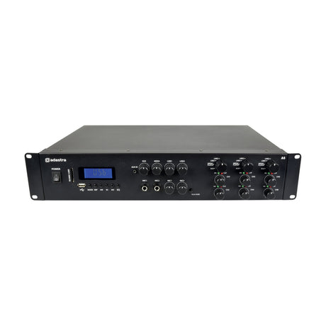 Adastra A6 multi-zone stereo amplifier in matte black rack chassis with LCD display, USB and SD slots, zone knobs and mic inputs on a white background.