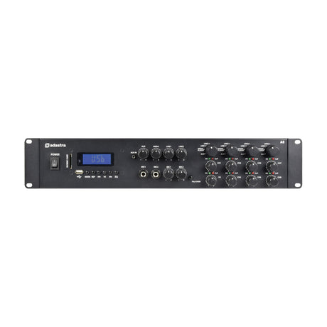 Adastra A8 black rack-mount quad-zone stereo amplifier with LCD display, USB/SD slot, mic and line inputs, and eight channel control knobs.