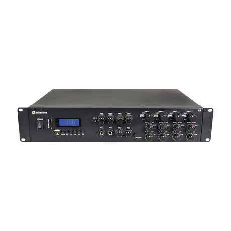 Adastra A8 black rack-mount stereo amplifier with LCD display, USB/SD slot, and multiple input and channel control knobs, shown at an angle on white background.