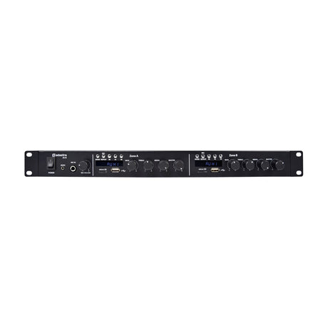 Adastra A14 dual-zone 1U rack mixer-amplifier with LCD displays, USB and micro SD slots, bass, treble, media and master controls, power switch and mic input, on a white background.