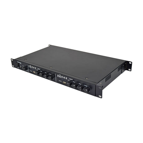 Adastra A14 dual-zone stereo mixer-amplifier in a 1U 19-inch black rack casing, shown at an angle with Zone A and Zone B knobs, USB port and rack ears, on a plain white background.