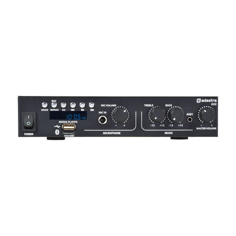 Adastra A22 compact stereo PA amplifier in black with power switch, media player display, USB and microSD slots, mic input and tone control knobs.