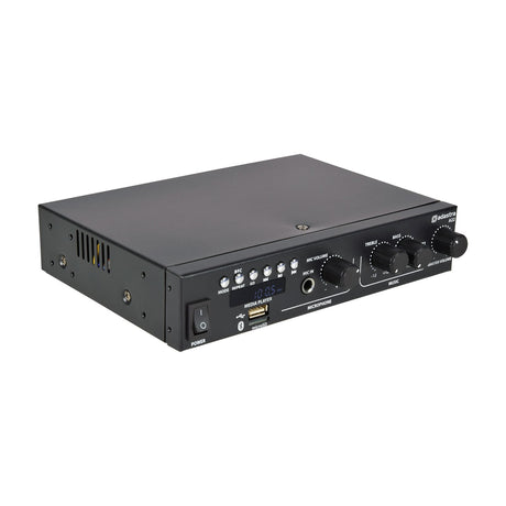Adastra A22 compact stereo PA amplifier in black, angled view showing power switch, media player with USB and microSD, mic input and control knobs.