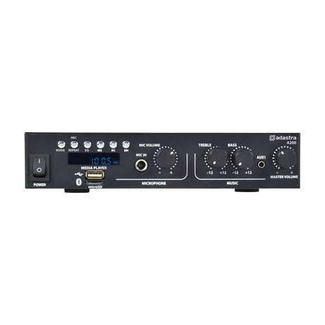 Adastra A200 stereo PA amplifier front panel with USB, microSD, Bluetooth, mic input, treble, bass, mic and master volume knobs on white background.