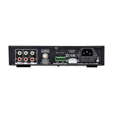 Rear panel of the Adastra A200 stereo PA amplifier showing RCA line-out and aux inputs, FM antenna, speaker terminals, and IEC power inlet on black casing.