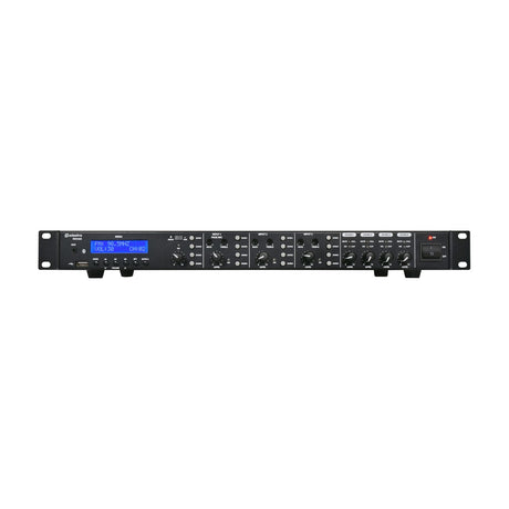 Adastra RM4460 1U rack-mount 4 x 60W zoning mixer-amplifier with LCD display, USB, aux, input level knobs, four zone controls and power switch.