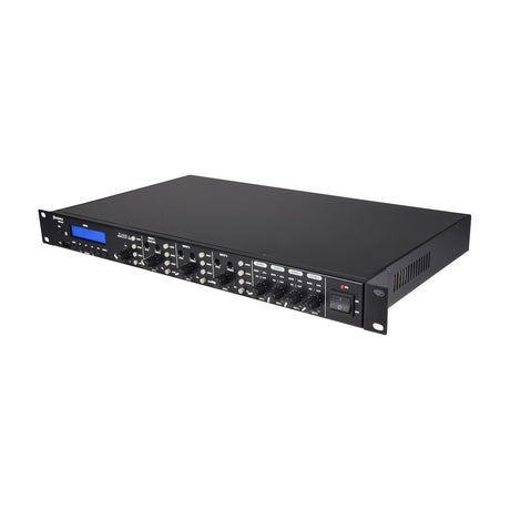 Adastra RM4460 1U rack-mount zoning mixer-amplifier in matte black with LCD display, USB port, input and zone level knobs, and power switch.