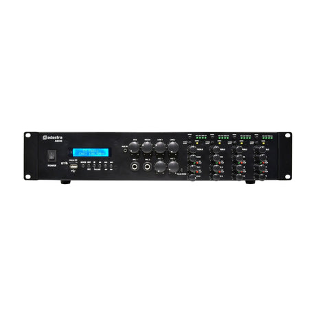 Adastra A8300 8-zone rack-mount mixer-amplifier in black with LCD display, input knobs, mic/line jacks, and per-zone bass/treble controls.