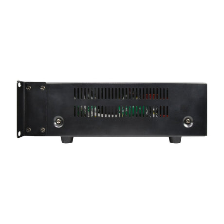 Adastra A8300 mixer-amplifier side view, matte black rack-mount case with front vent grille and mounting bracket, on white background.