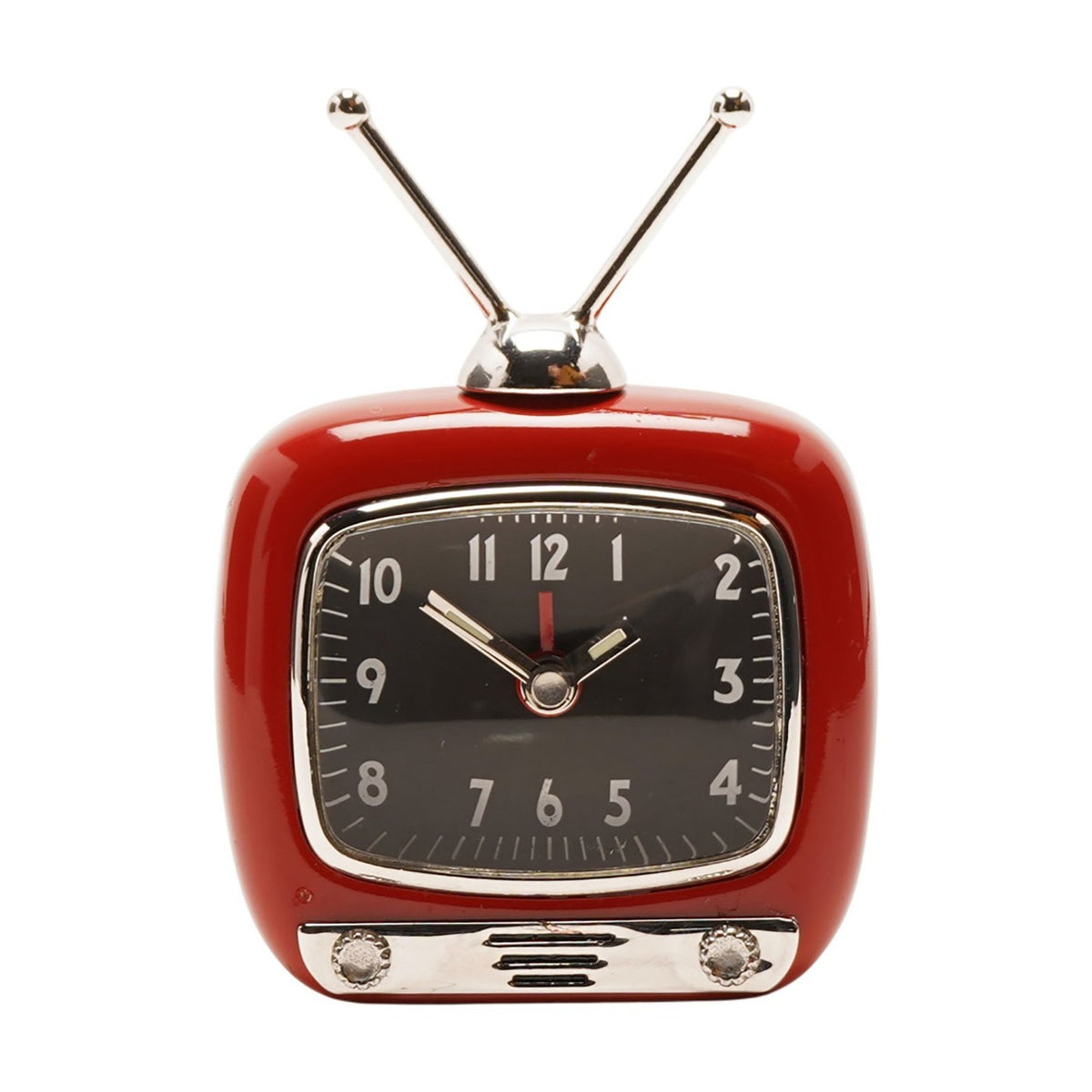 Red miniature television-style alarm clock with silver dome, twin aerials, chrome bezel, black dial with silver numerals and hands, and silver base panel with two knobs, on white background.