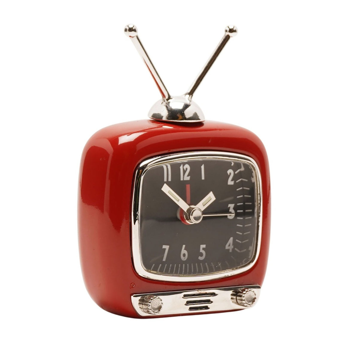 Glossy red miniature TV-shaped alarm clock with twin silver aerials, domed top, black dial with silver numerals, and a silver base panel with two knobs.