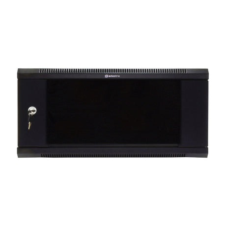 Adastra RC4U450 4U 19" rack cabinet with black glass door, key lock, and vented top and bottom panels on a plain white background.