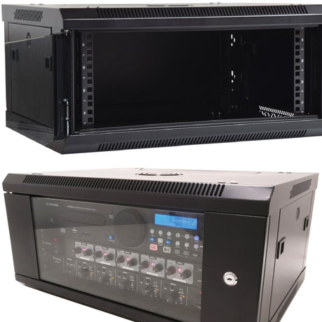 Adastra RC4U450 4U 450mm deep 19" rack cabinet in black steel, shown open with mounting rails and a rack-mounted audio unit installed.