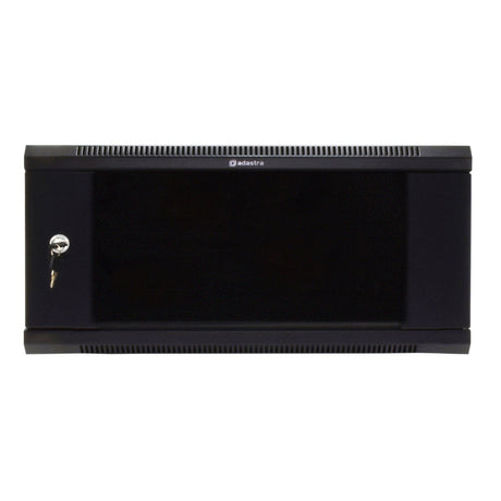 The Adastra Rack Cabinet - 4U x 450mm is a black, wall-mounted server rack featuring a lockable mesh front door and an adjustable mounting depth, designed to ensure optimal organization and security for networking equipment.