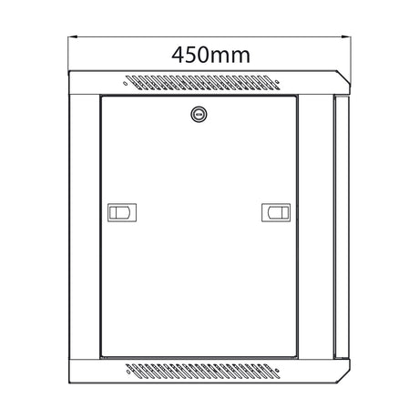 Technical line drawing of the Adastra RC9U450 9U 19" rack cabinet showing the front view with glass door, lock, vents, and 450mm width label.