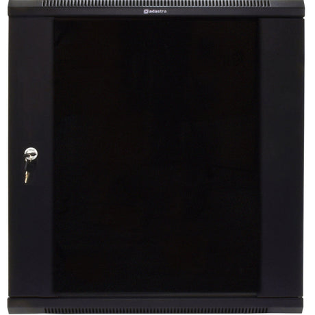 Adastra RC12U450 12U 19" rack cabinet in matte black steel with tempered glass front door, lock and key, and vented top panel.