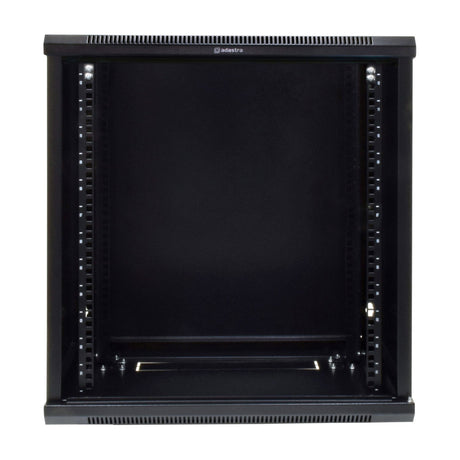 Adastra RC12U450 12U 450mm rack cabinet in matte black steel with vented top, numbered mounting rails, and open front, shown on a white background.