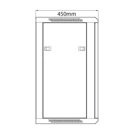 Line drawing of the Adastra RC15U450 15U 450mm deep 19" rack cabinet, showing front glass door with locks and vented top and bottom panels.