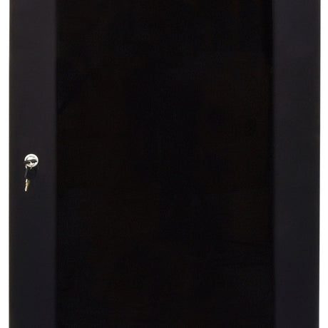 Adastra RC18U450 18U 19" rack cabinet in matte black steel, close-up of the front door with key lock and dark tinted glass panel.