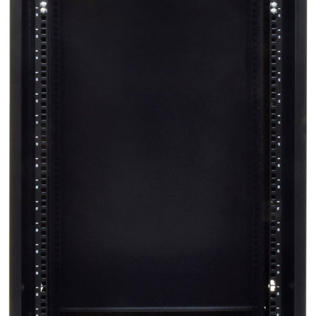Adastra RC18U450 18U rack cabinet, front view of black steel frame with mounted vertical rack strips and visible mounting holes.