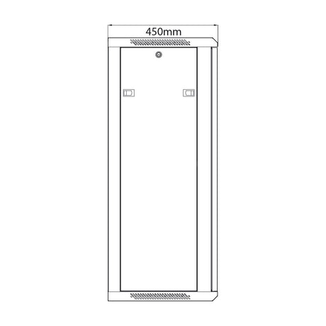 Front dimension diagram of the Adastra RC22U450 22U 450mm deep rack cabinet showing 450mm width with glass door and vented top panel.