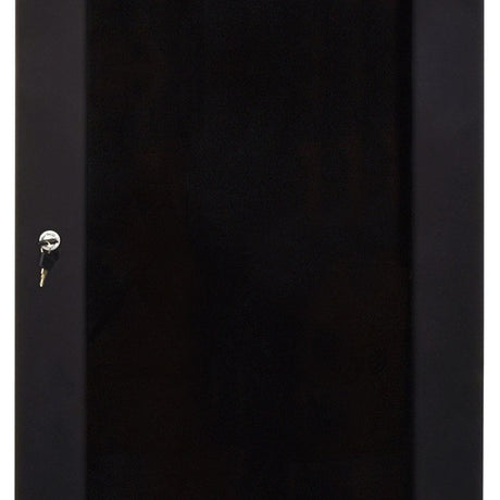 Adastra RC28U450 28U steel 19" rack cabinet with lockable black front door and key, close-up view showing frame edge and lock detail.