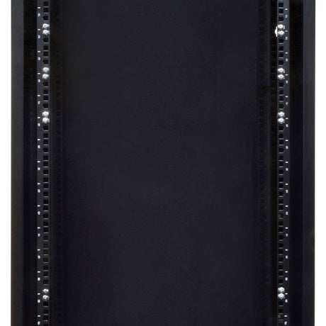 Adastra RC28U450 28U steel rack cabinet interior view showing black mounting rails with numbered squares and cage nuts on both sides.