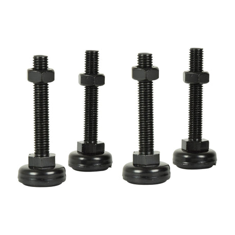 Adastra RCF-4 set of four adjustable black threaded rack cabinet feet with locking nuts and round bases, shown upright on a plain white background.