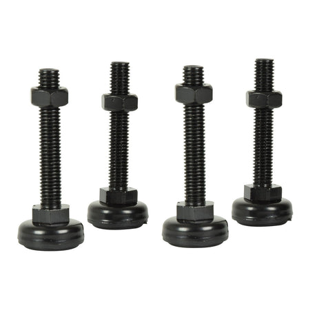 The Adastra Adjustable Feet For Rack Cabinets (4 Pack) stand upright in a row, each featuring a black threaded support foot with a round base and a nut for precise height adjustment. They boast a simple and functional design, perfect for stabilizing and leveling furniture, equipment, or 19" rack cabinets.