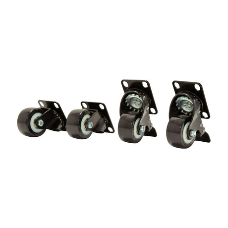 Adastra RCC-4 set of four black swivel castors for rack cabinets, showing two non-locking and two braked wheels with mounting plates.