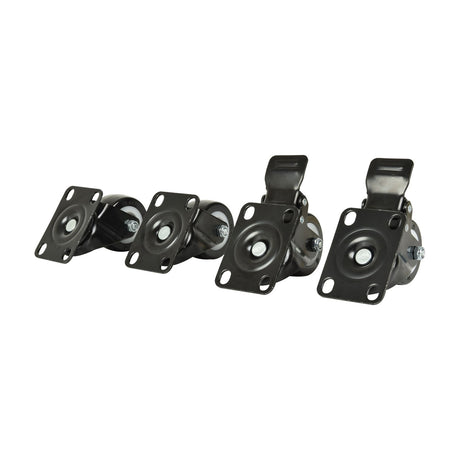 Adastra RCC-4 set of four black swivel castors for rack cabinets, showing two non-locking and two locking wheels with foot brakes on a white background.