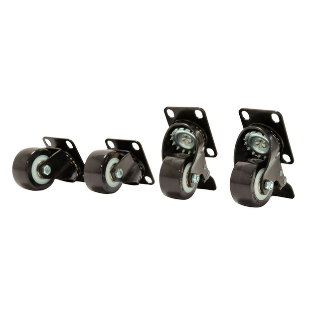 A set of Adastra Castors for Rack Cabinet in black, featuring four swivel wheels with metal centers and accompanying metal brackets. Each wheel is equipped with a rectangular mounting plate that includes four screw holes, making them ideal for Adastra rack cabinets.