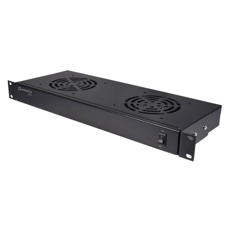 The Adastra 1U Dual Fan Cooling Unit is a black rack-mounted cooling solution designed for 19" rack cabinets. It features two circular fans and an on/off switch on the front panel, making it ideal for enhancing air-flow improvement in server racks or similar equipment setups.