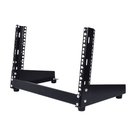 Adastra DRS-6U open-frame 6U 19" desktop rack stand in black metal with rubber feet, shown assembled on a plain white background.