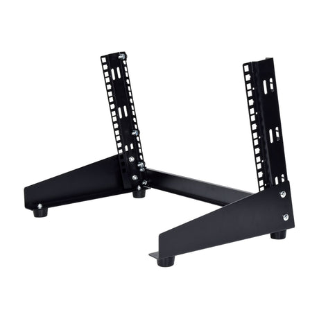 Adastra DRS-6U 6U 19" desktop rack stand in black steel, showing angled rack rails with mounting holes and folded support legs on a white background.