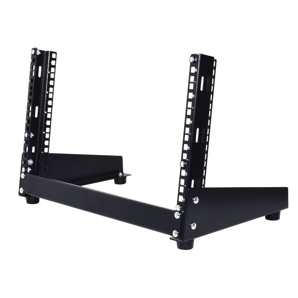 The Adastra 19" Desktop Rack Stand - 6U features two vertical side supports with holes for customizable mounting and a solid horizontal base, making it ideal for desktop rack setups. Designed to hold audio or computer equipment, this black metal open format unit seamlessly integrates with your existing rack mounting hardware.