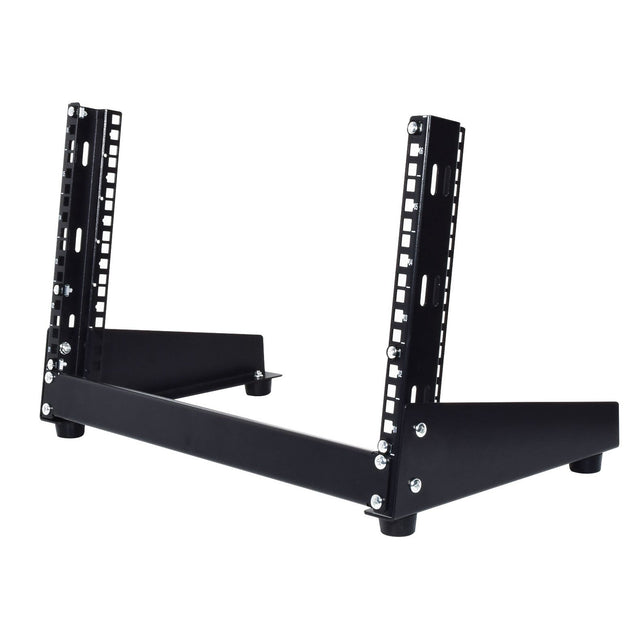 The Adastra 19" Desktop Rack Stand - 6U features two vertical side supports with holes for customizable mounting and a solid horizontal base, making it ideal for desktop rack setups. Designed to hold audio or computer equipment, this black metal open format unit seamlessly integrates with your existing rack mounting hardware.