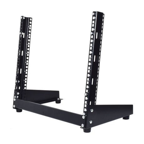 Adastra DRS-9U open desktop 19" rack stand in black steel with 9U mounting space, twin uprights and base frame with feet, on a white background.