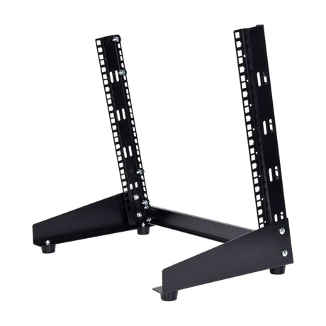 Adastra DRS-9U open 19" desktop rack stand with two black metal upright rails, angled support legs, and mounting screws, shown on a white background.
