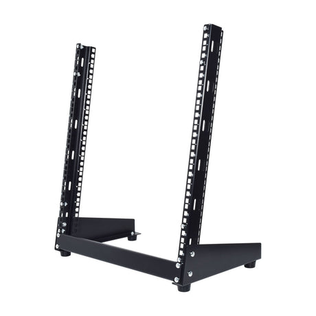 Adastra DRS-12U open 12U desktop rack stand with two black vertical mounting rails and rubber feet, shown on a plain white background.