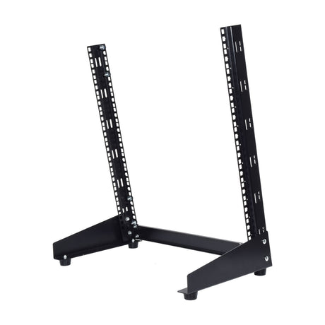 Adastra DRS-12U black steel open-frame 19" desktop rack stand with two vertical rails, angled support feet, and visible mounting screws.