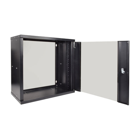 Adastra RC12U300 12U wall-mounting rack cabinet with open glass door and hinged side panel, black steel frame with mounting rails.