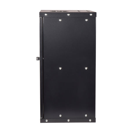 Adastra RC12U300 12U wall-mounting rack cabinet, side view of black steel panel with lock, top cable knock-outs, and mounting bolts, on white background.