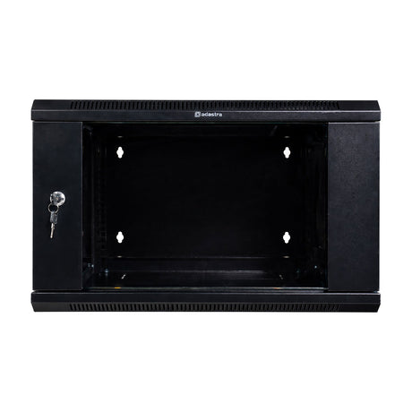 Adastra HC6U450 hinged 6U 19" rack cabinet in black steel with lockable glass front door and vented top and bottom panels, shown on a plain white background.