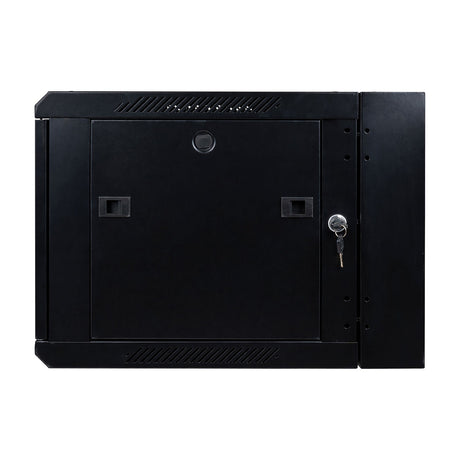 Adastra HC6U450 6U 19" hinged wall-mount rack cabinet in black steel with lockable front door, key, side vents, and hinged rear panel.