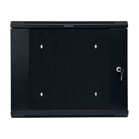 Adastra HC9U450 hinged 9U 19" rack cabinet in black steel with vented top and bottom panels, lockable glass front door, and side panel, shown on a plain white background.